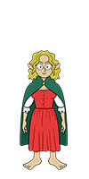 Gerty Snowburrow is a Flobbit with white skin and shoulder-length blond hair. She's wearing a red ress with white sleeves, and a green cape.