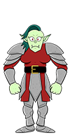 Sulfrod is a Sporc with long dark green hair. She's wearing a silver armor with a red tabard and a black belt with a golden buckle.