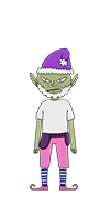 Wombley Cube is a green-skinned elf, with a white beard, a white T-Shirt, pink pants, black- and white-striped socks, and pink pointy elf shoes. He's wearing a purple Christmas hat.