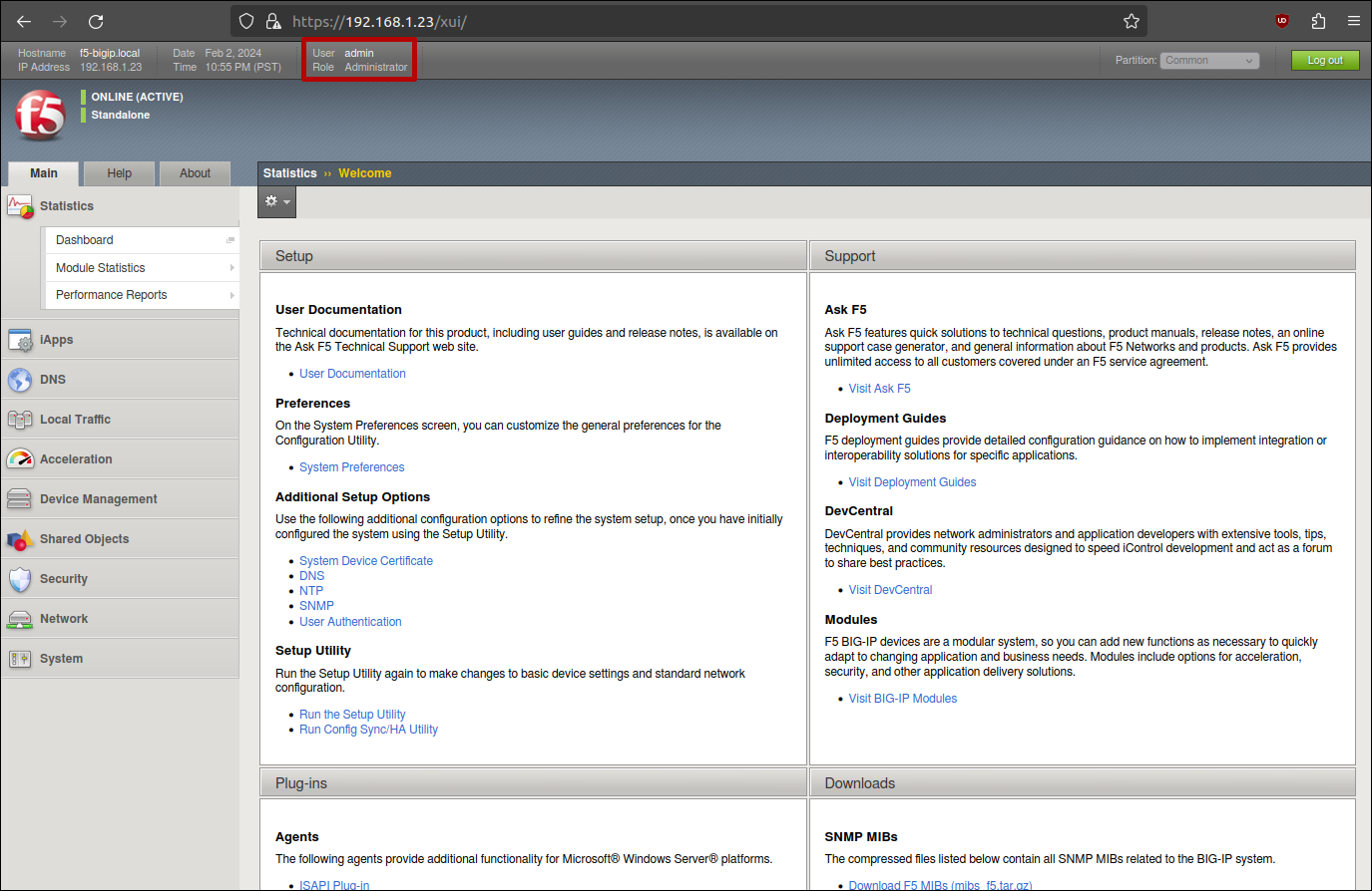 Firefox screenshot: F5 BIG-IP management interface with attacker logged as Admin