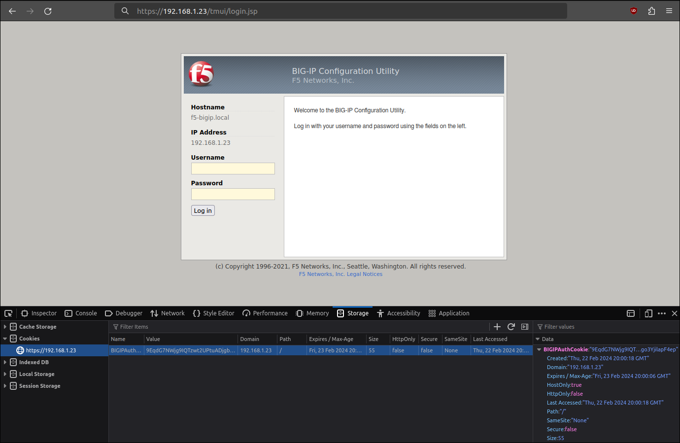 Firefox screenshot: F5 BIG-IP management interface login page with developper console openned on the storage/cookies tab
