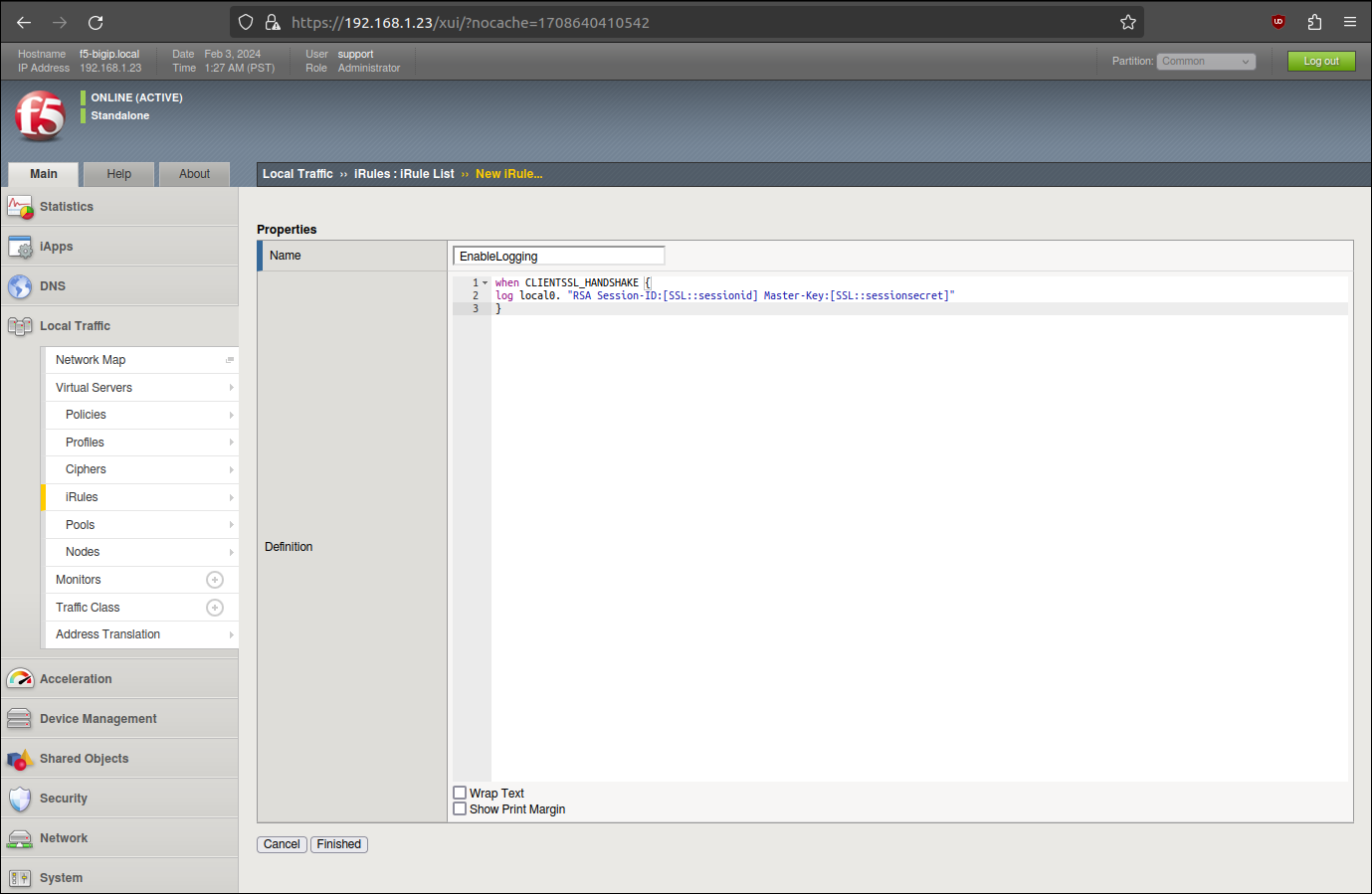 Firefox screenshot: F5 BIG-IP irule creation menu