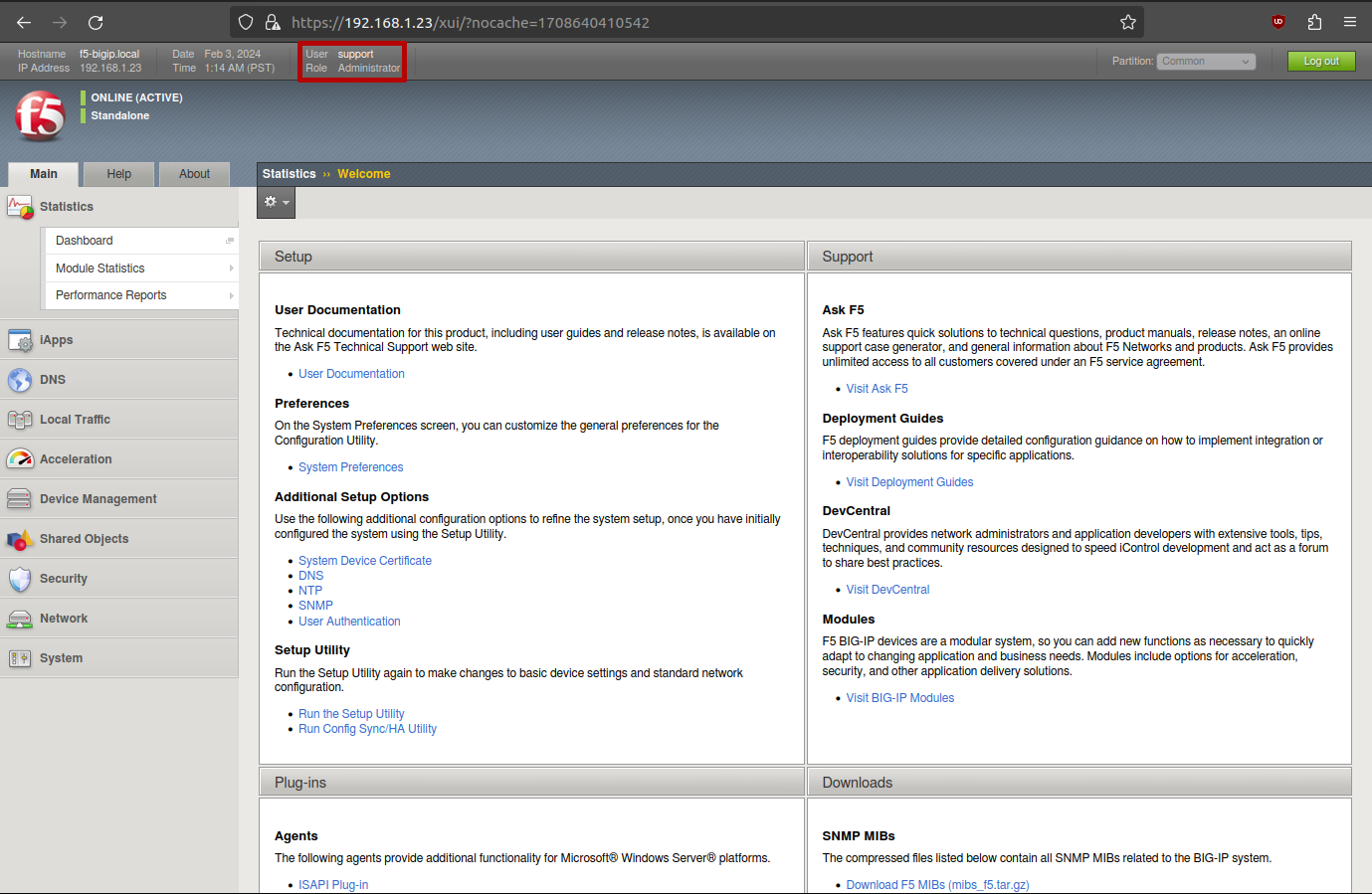 Firefox screenshot: F5 BIG-IP management interface with attacker logged as rogue account support